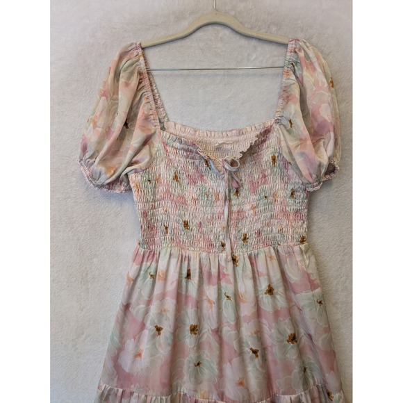 Logan Rae x ROOLEE Pink Floral Smocked Maxi Dress Puff Sleeve Tiered Size M - Picture 2 of 10